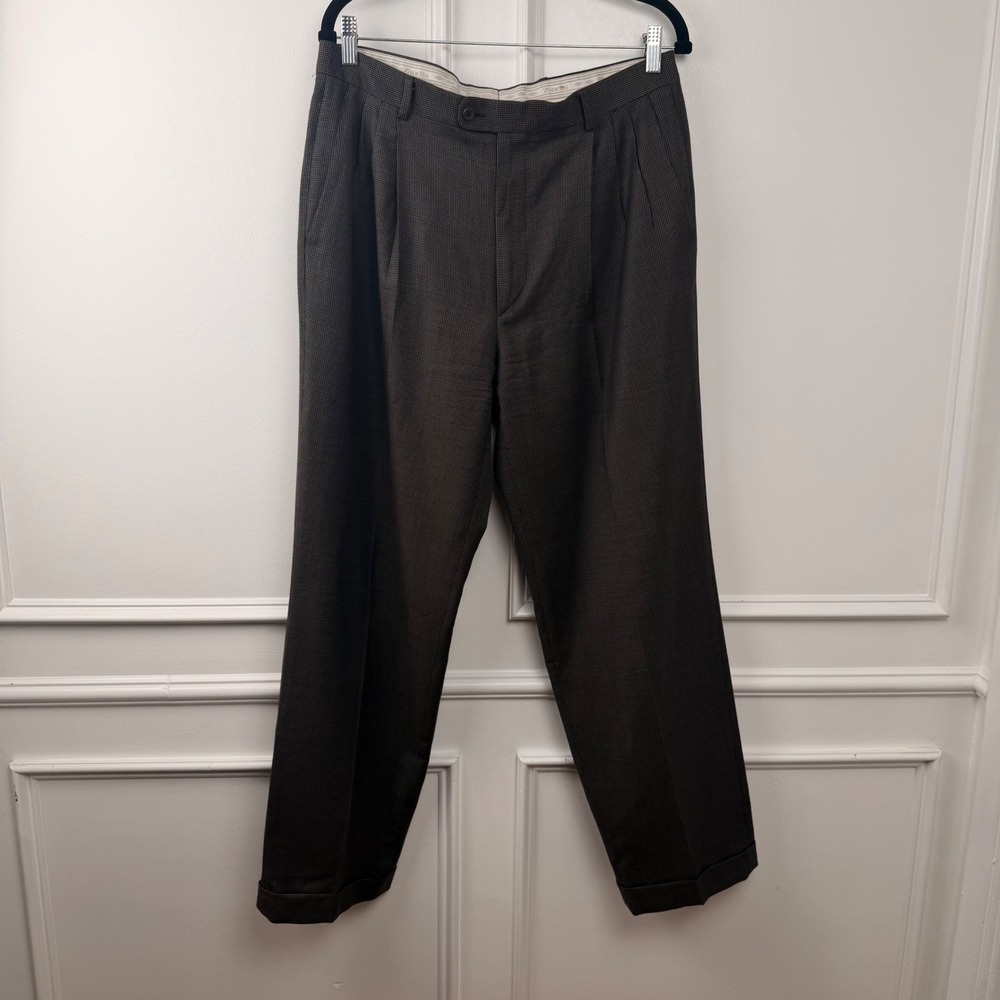 Zanella Nordstrom Mens 34 Pleated Wool Trousers Micro Check Cuffed Made in Italy